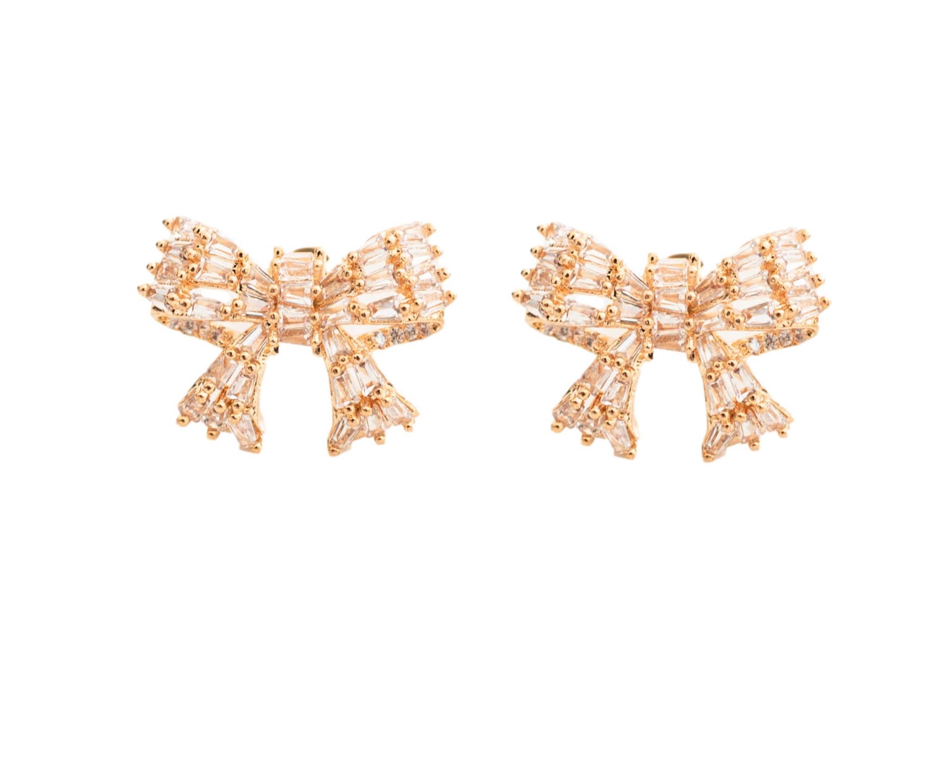 Gold Mini Sparkler Statement Stud Holiday Bow Earrings