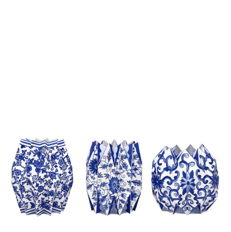 Set of 4 Blue and White Flower Chinoserie Stemless Wine Glasses